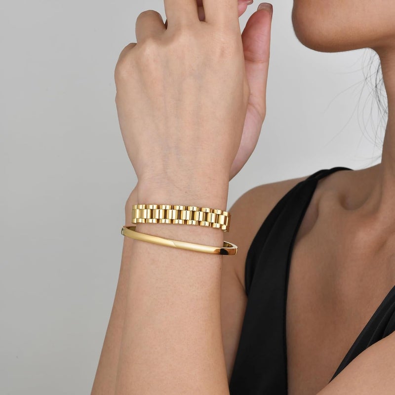 MPRAINBOW 2pcs 18K Gold Plated Chain Link Bracelet, Stainless Steel Crystal Friendship Bracelets Bangle,Watch Band Chains Wristband Jewelry with Adjust Tool - Image 4